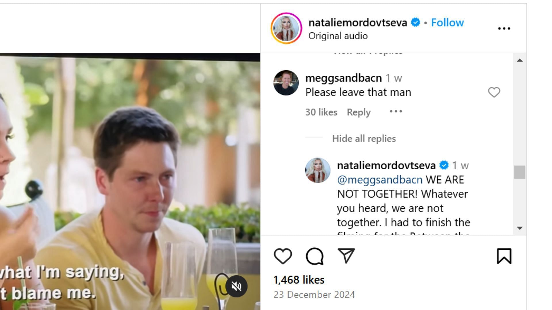 Natalie&#039;s reply to a fan&#039;s comment (Image source via Instagram @nataliemordovtseva)