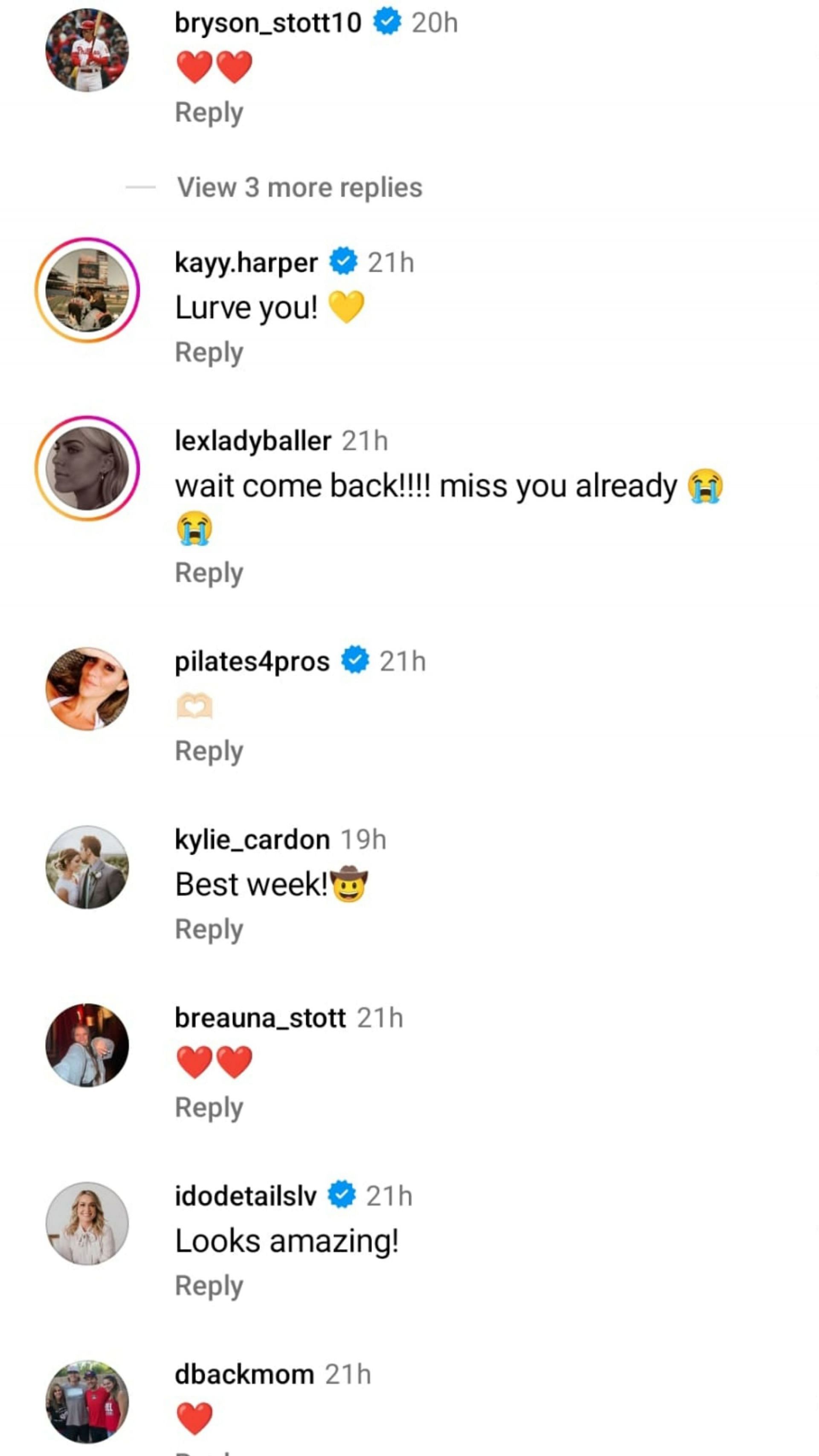 Comments section of Bryson Stott&#039;s wife&#039;s post