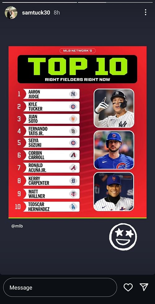 Kyle Tucker is happy with right fielder rankings, as he's placed with Aaron Judge and Juan Soto. Source - Instagram/@samtuck30