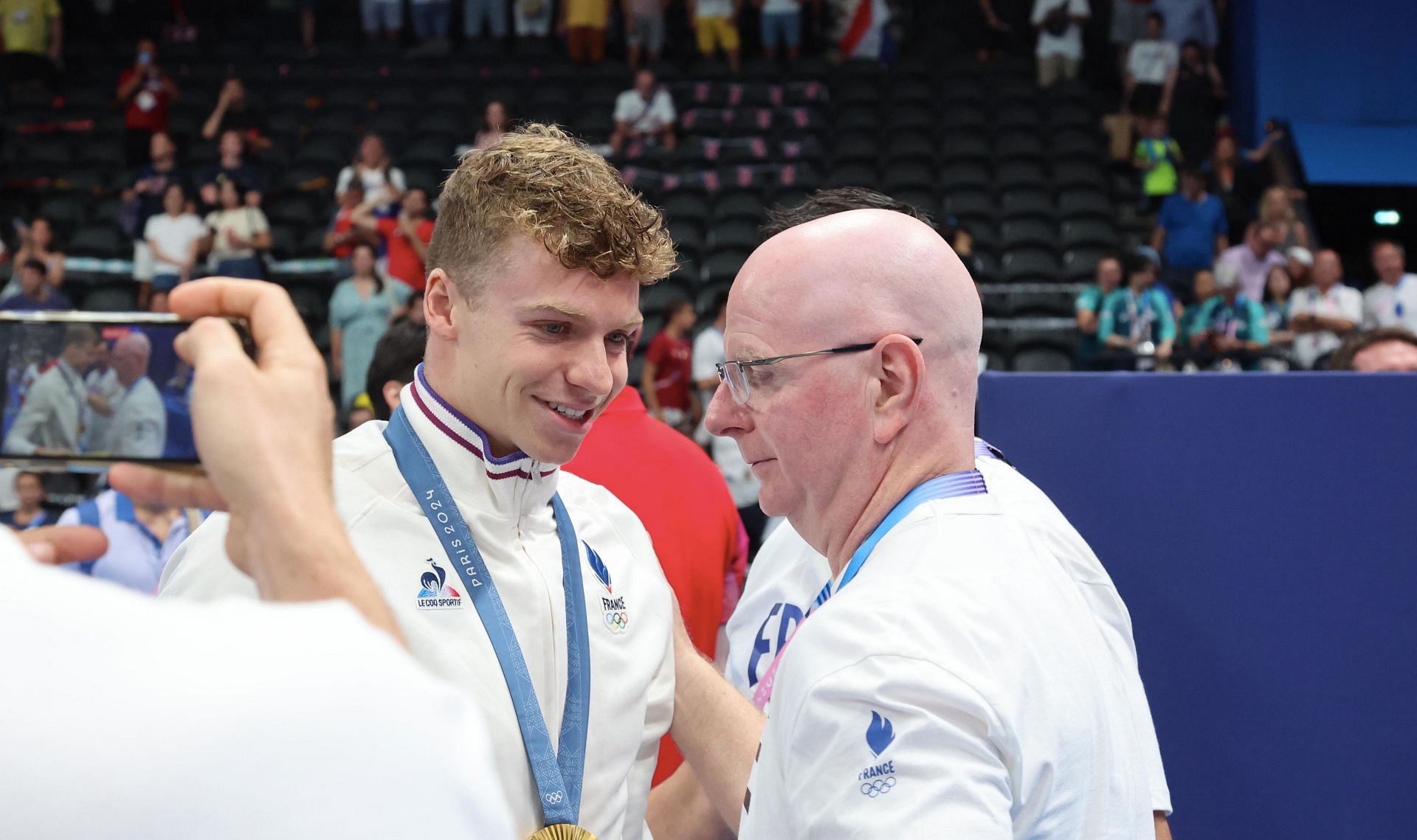 Leon Marchand and Bob Bowman at the Olympic Games Paris 2024: Source: Getty