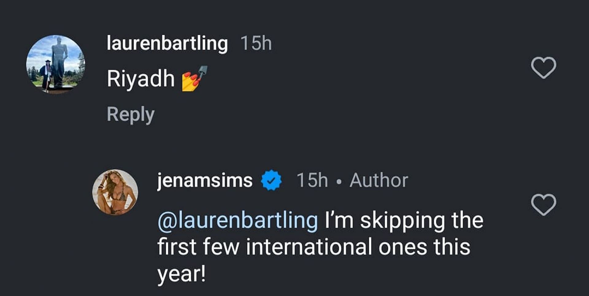 Jena Sims comment to a fan asking about her overseas outing (Image via Instagram/@jenamsims)