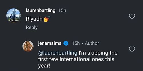 Jena Sims comment to a fan asking about her overseas outing (Image via Instagram/@jenamsims)