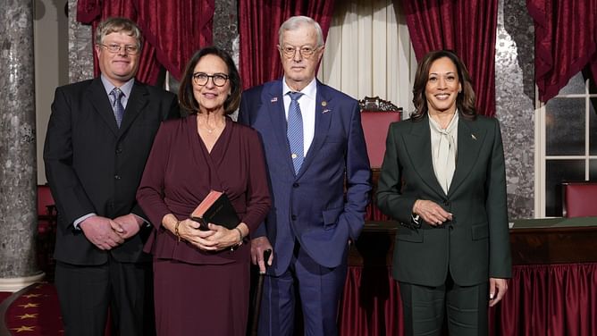 "He had a cane in his right hand and the Bible in his left hand" — Netizens attempt to justify Deb Fischer's husband refusing to shake Kamala's hand