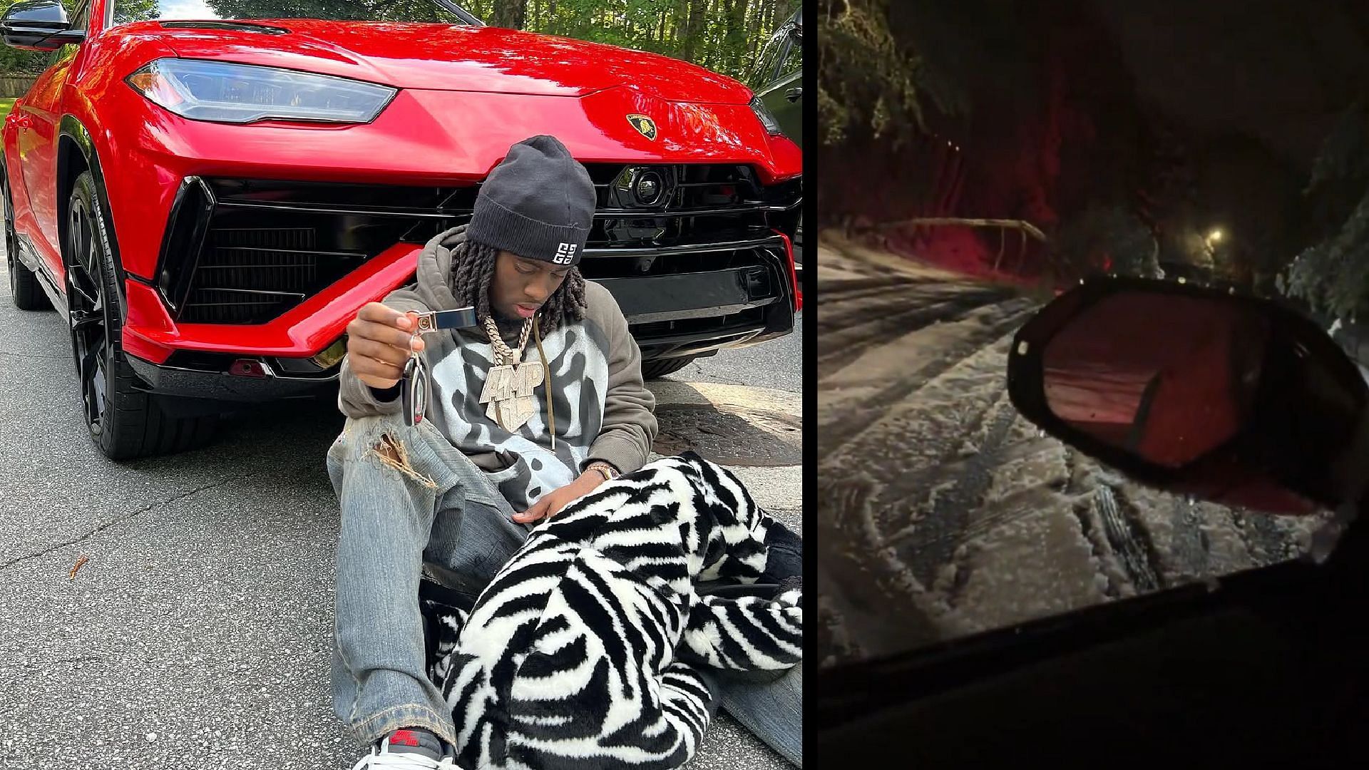 Kai Cenat almost starts crying after his Lamborghini Urus gets stuck on a snowy Atlanta road (Image via Kai Cenat/Instagram, @domainsdomain/X)