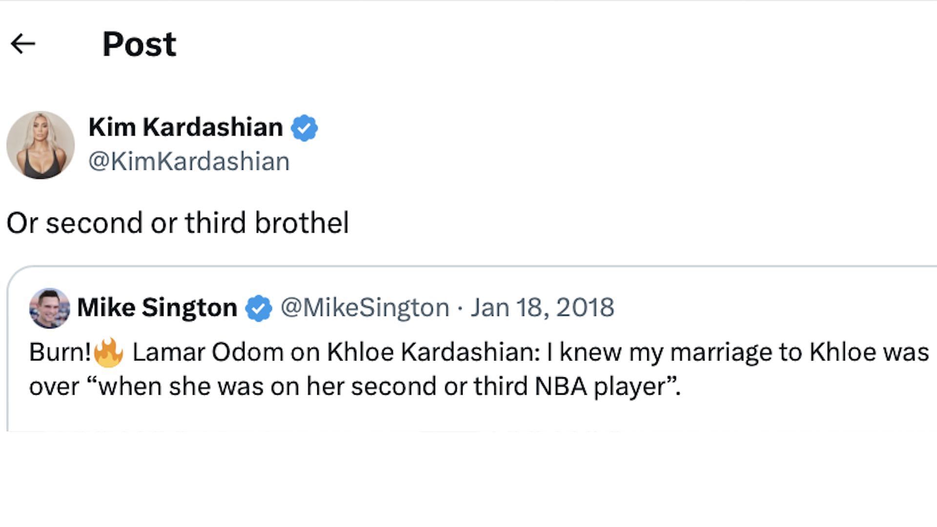 Screenshot of Kim Kardashian responding to Lamar Odom&#039;s quoted statement on his marriage to Khloe Kardashian (Image via X/@KimKardashian)