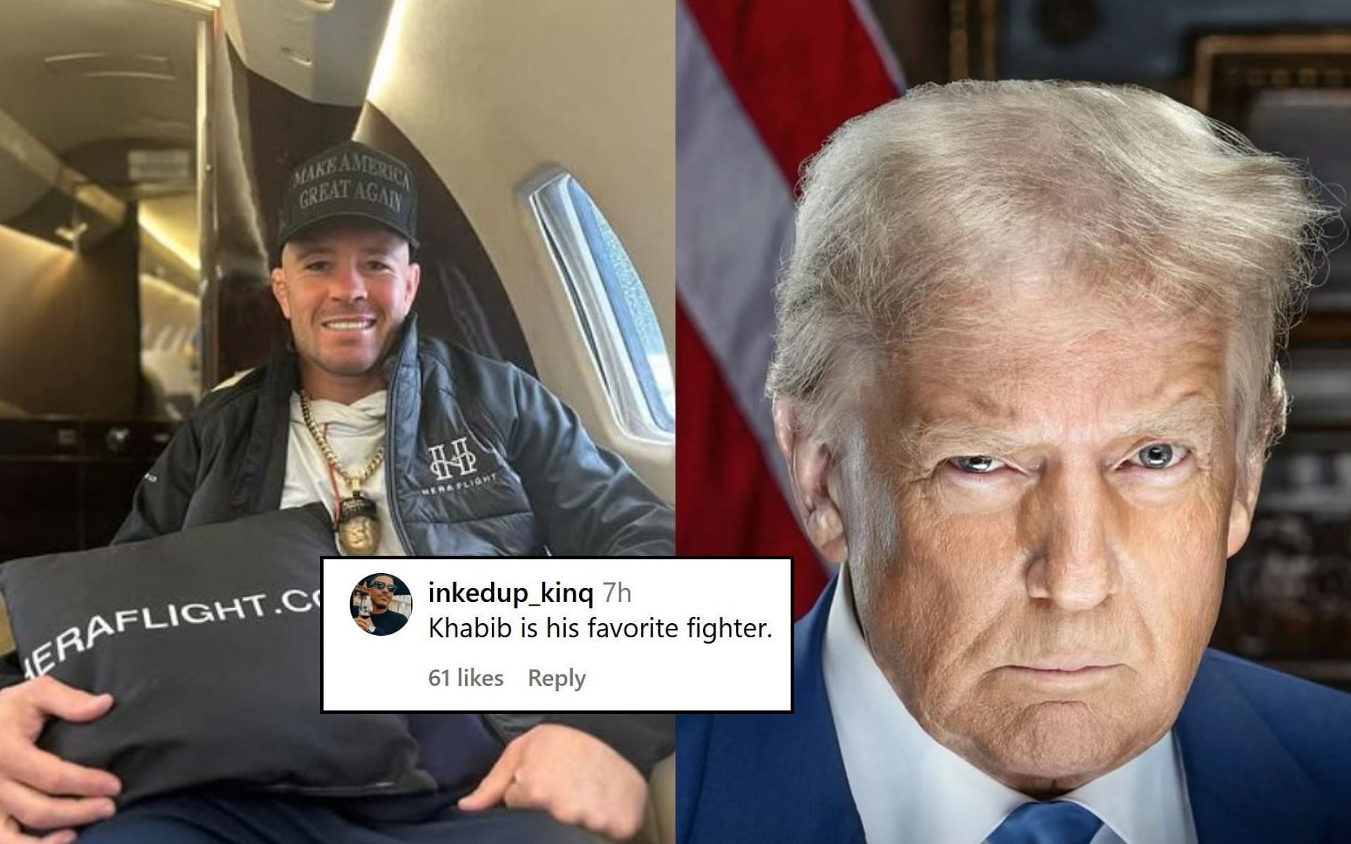 Fans troll (insert) Colby Covington (right) for supporting Donald Trump (right). [Image credit: @colbycovington on Instagram]