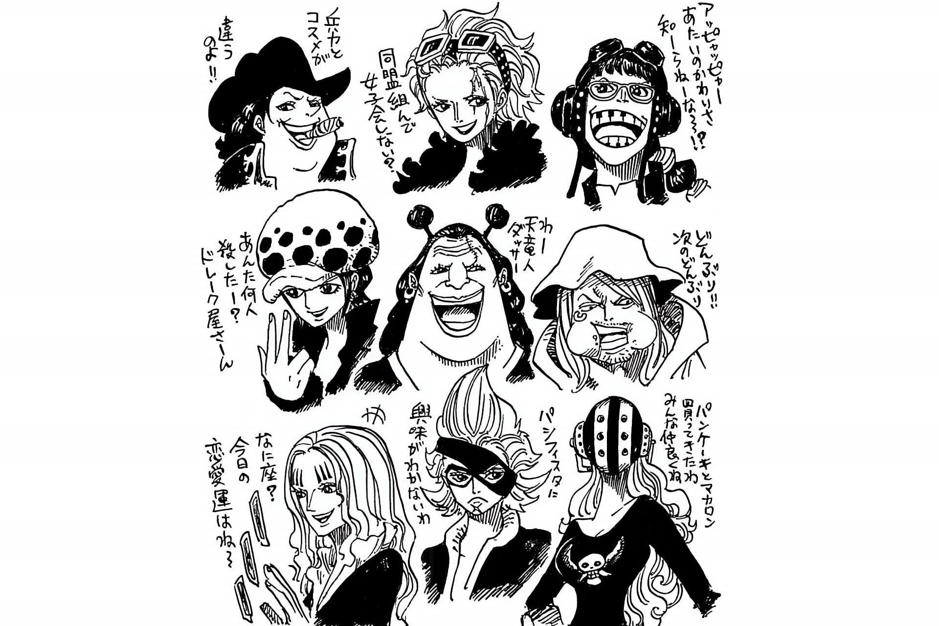 Bonney&#039;s gender-bender character design (middle right) (Image via Eiichiro Oda/Shueisha)