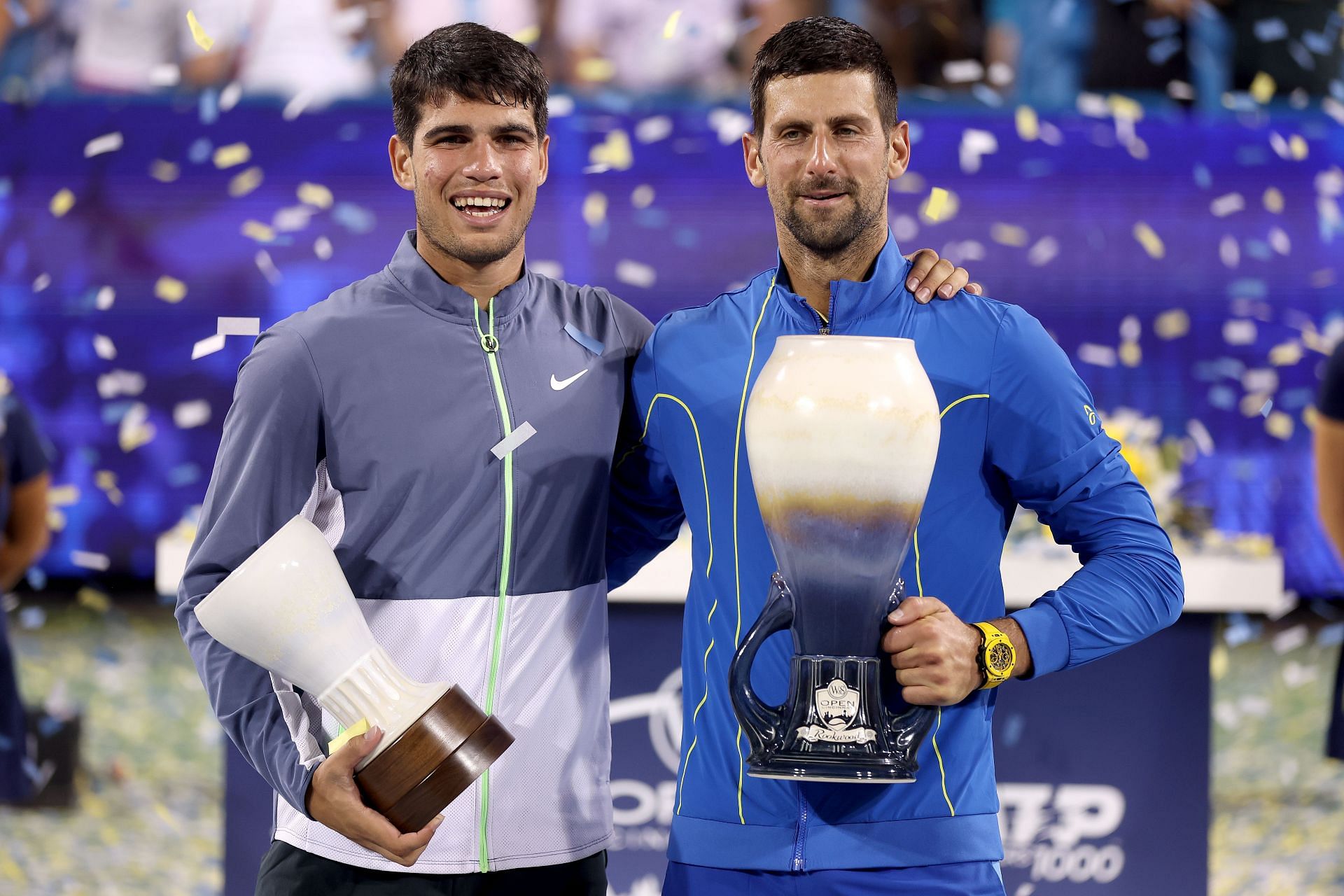 In Picture: Carlos Alcaraz (L) and Novak Djokovic (R) at the 2023 Cincinnati Open (Getty)