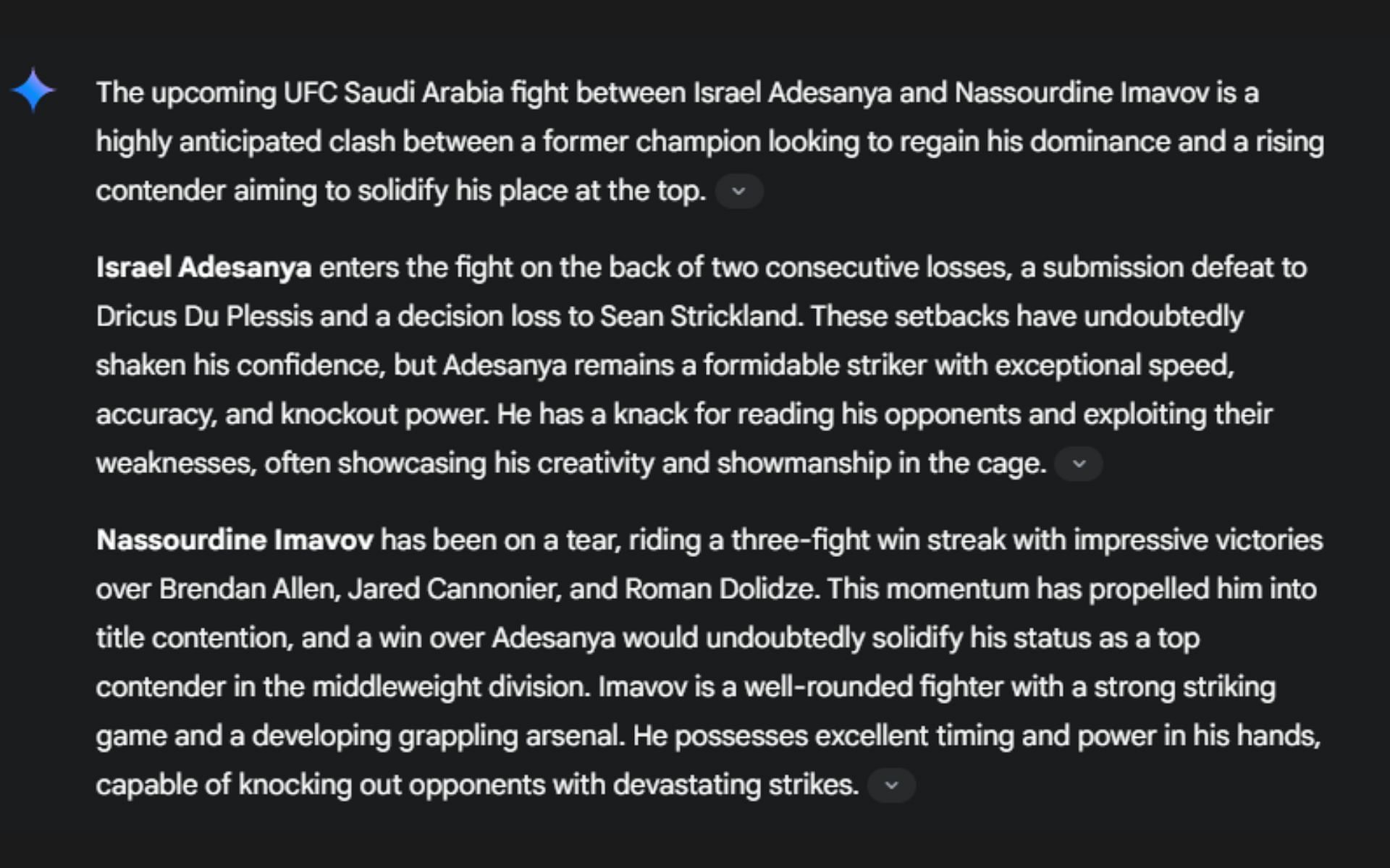 Screenshot of Google&#039;s AI prediction for the UFC Saudi Arabia headliner &ndash; Israel Adesanya vs. Nassourdine Imavov