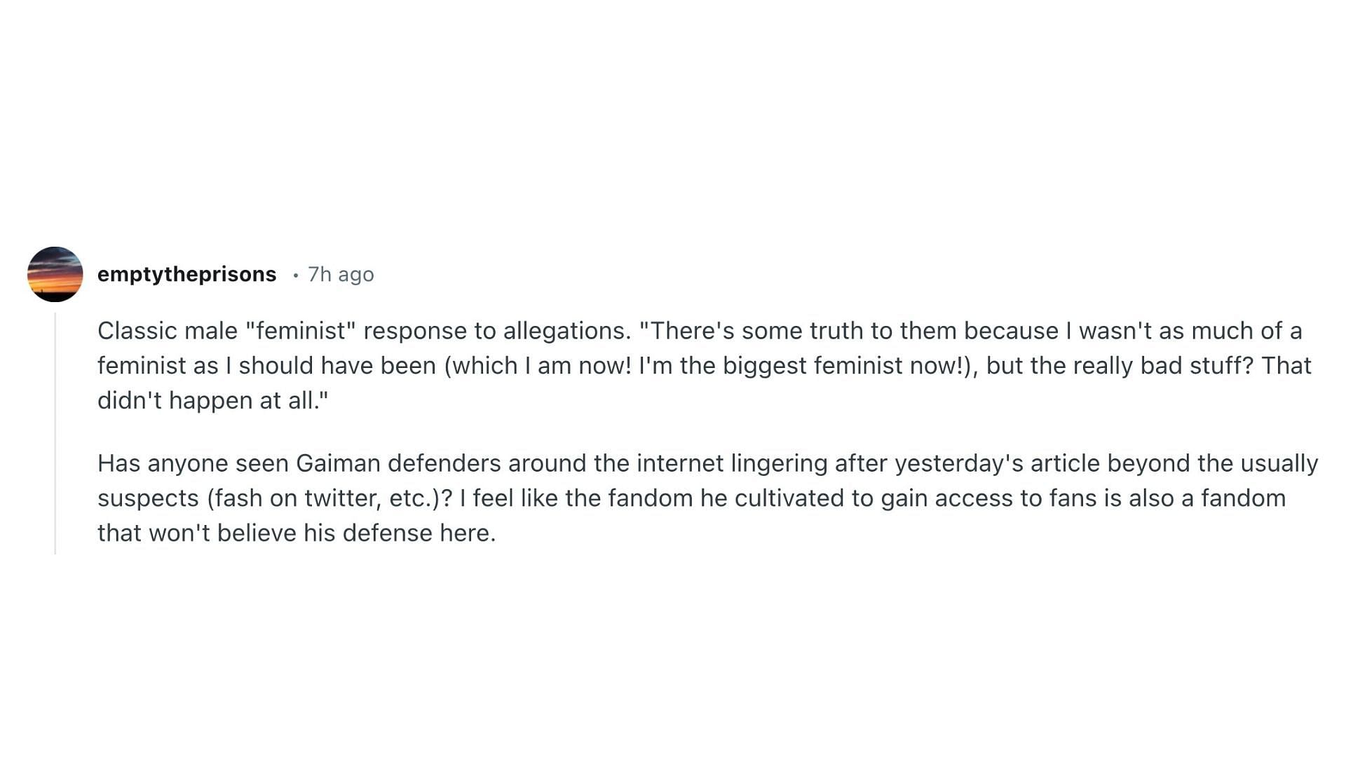 A netizen&rsquo;s comment on Neil Gaiman&rsquo;s statement (Image via @emptytheprison/Reddit)