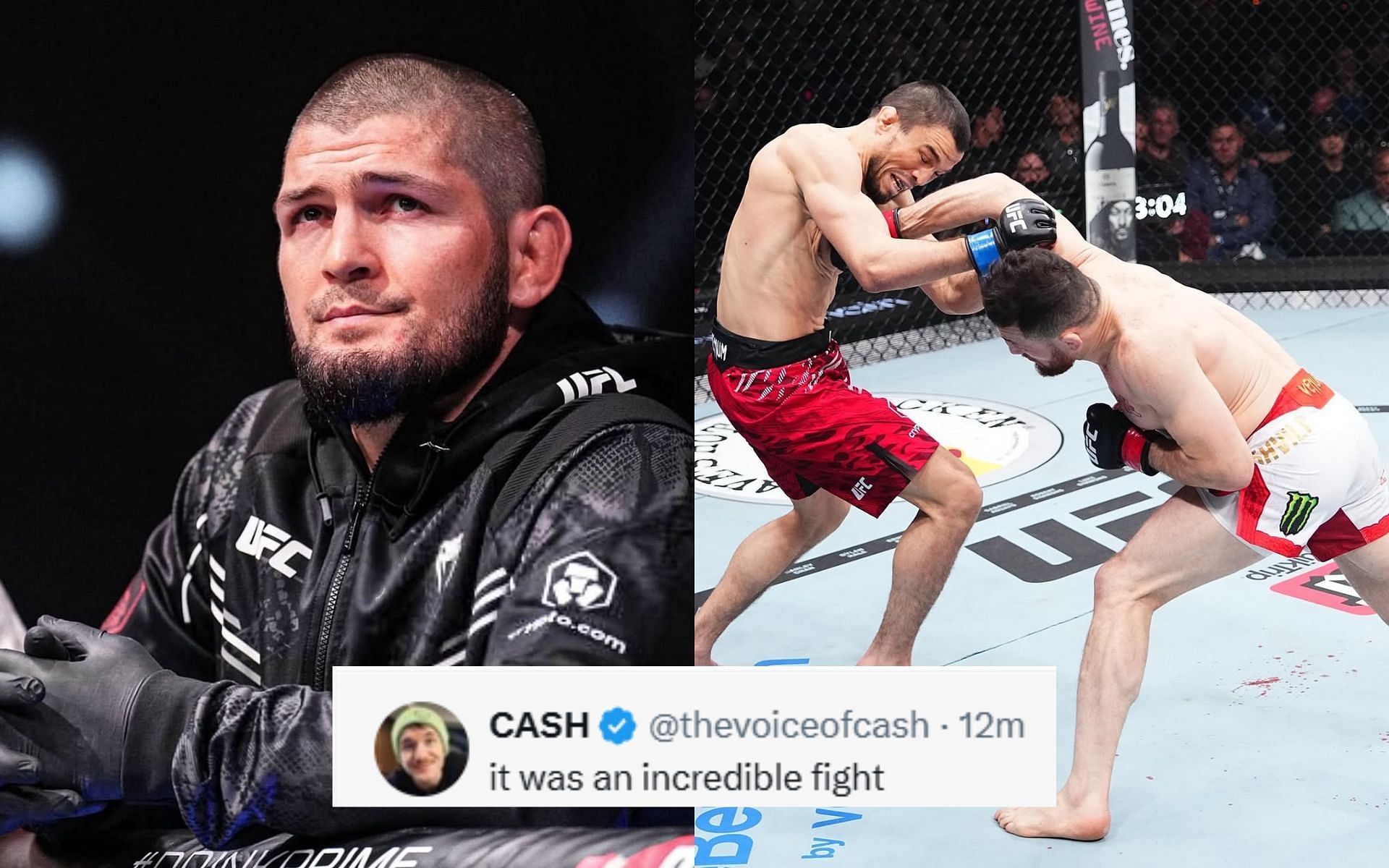 Fans react to Khabib Nurmagomedov (left) consoling Umar Nurmagomedov (center) after he lost to Merab Dvalishvili (right) UFC 311. [Images courtesy: @khabib_nurmagomedov and @ufceurope on Instagram]