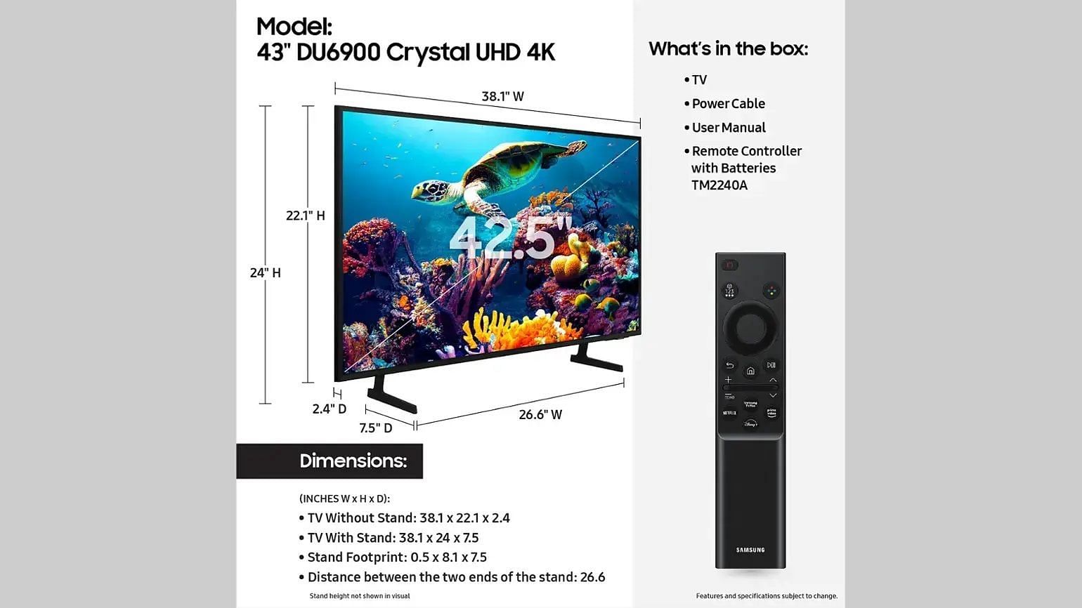 The DU6900 4K TV&#039;s dimensions &amp; box contents (Image via Samsung)