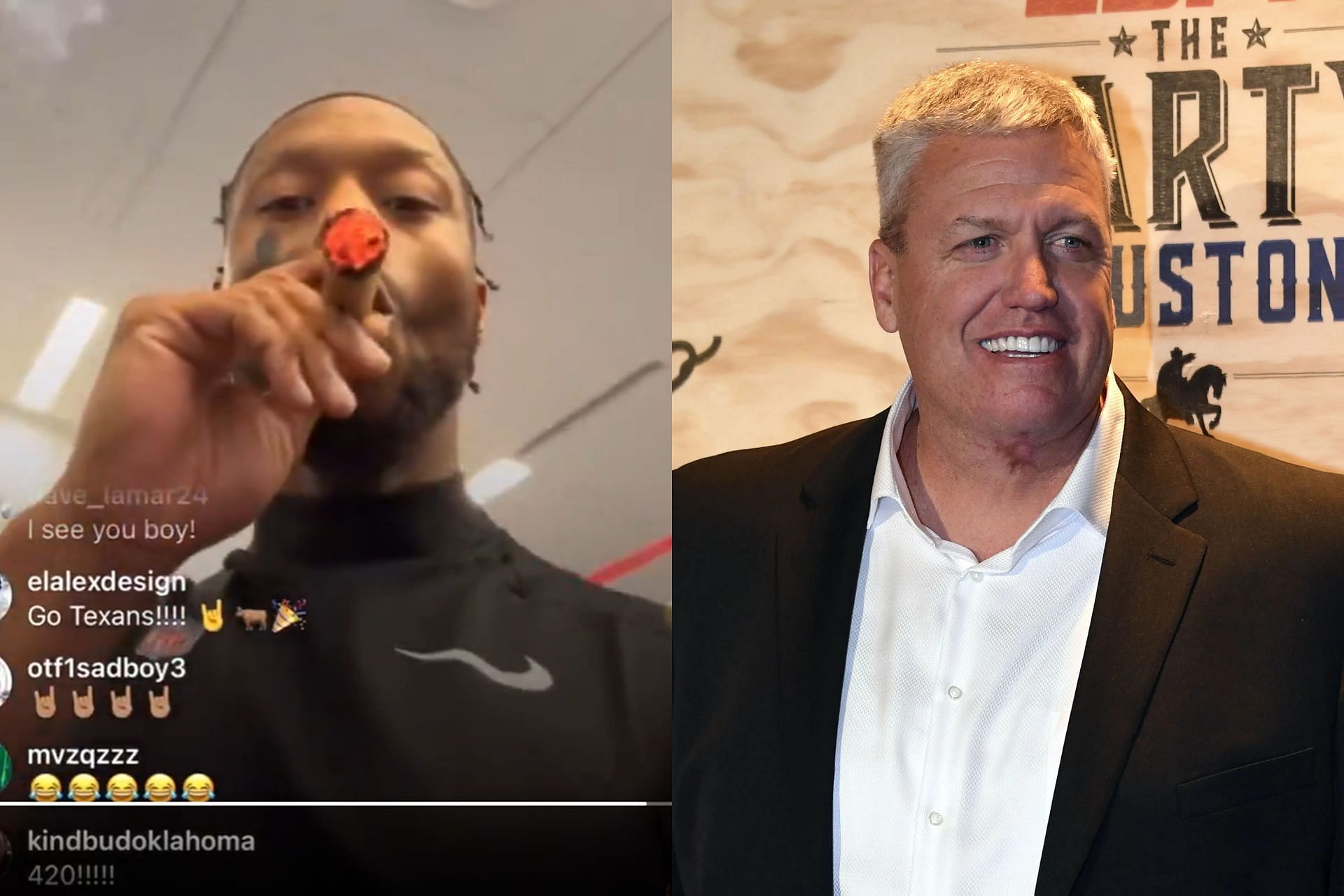 Joe Mixon smoking a cigar - L and Rex Ryan - R (Collage Images Credit: Screenshot from X @MySportsUpdate and IMAGN)