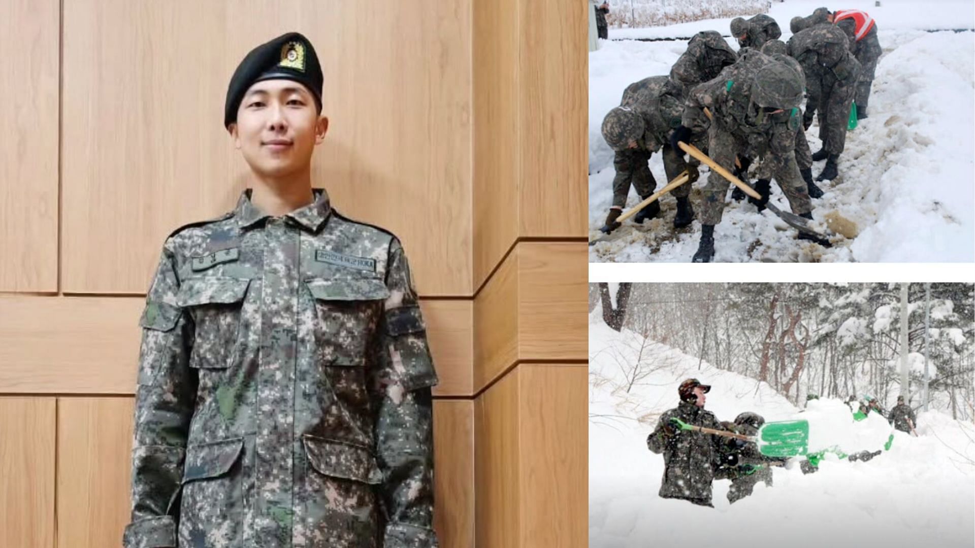 Namjoon shoveling snow in the military along with his comrades. (Images via Instagram/@rkive)