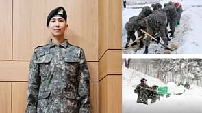 "HE SHOULDN'T BE DOING ALL THIS" — Fans react to BTS' Namjoon posting picture of him shoveling snow in the military along with his comrades