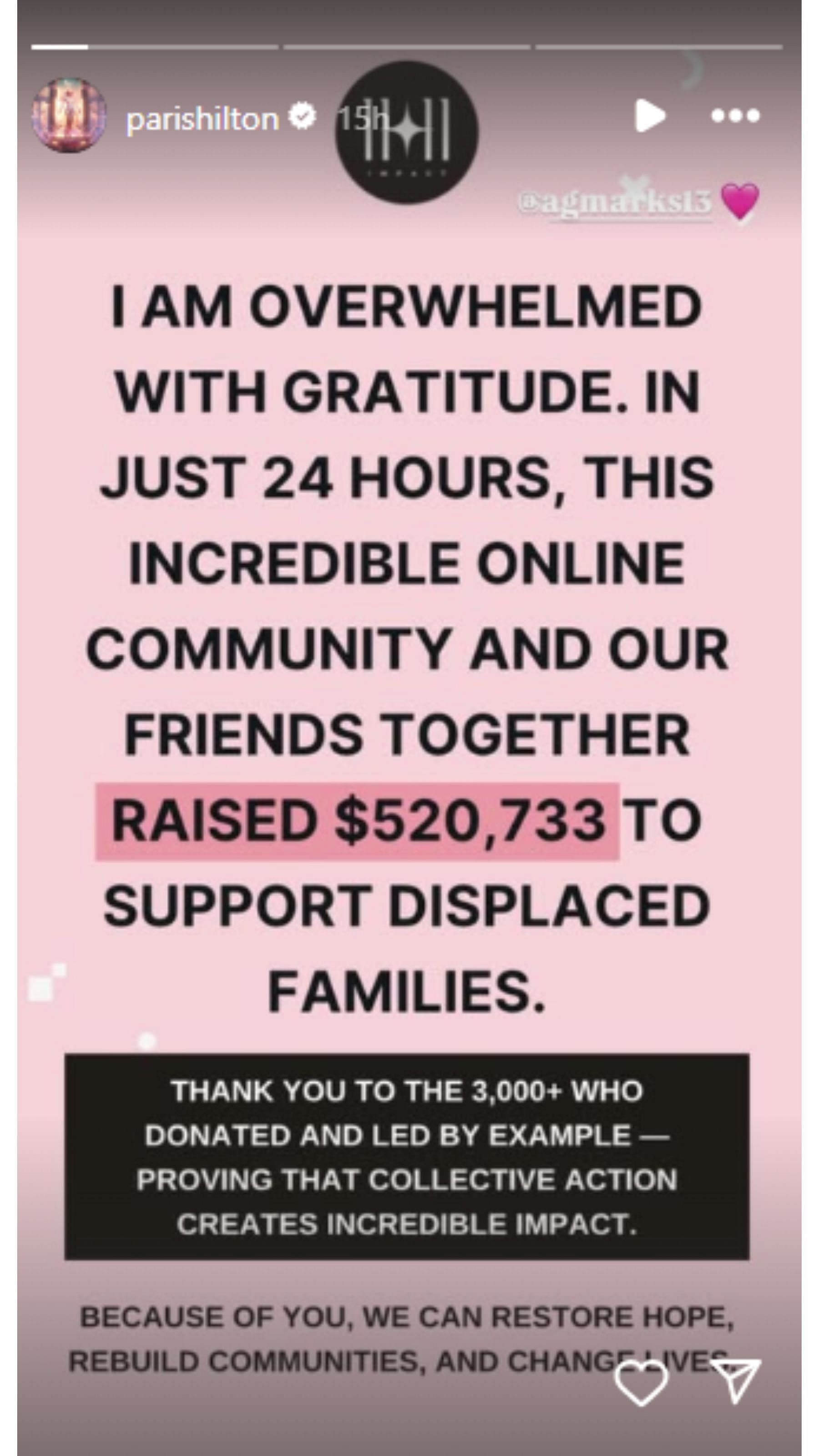 Socialite Paris Hilton expressed her gratitude to people for their incredible support to her Emergency Fund collection campaign. (Credits: IG/@parishilton)