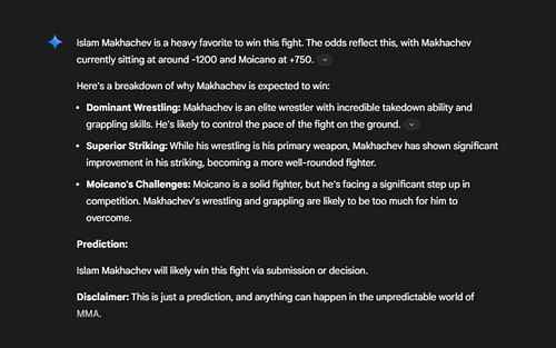 Screenshot of Google's AI prediction for the Islam Makhachev vs. Renato Moicano UFC 311 fight