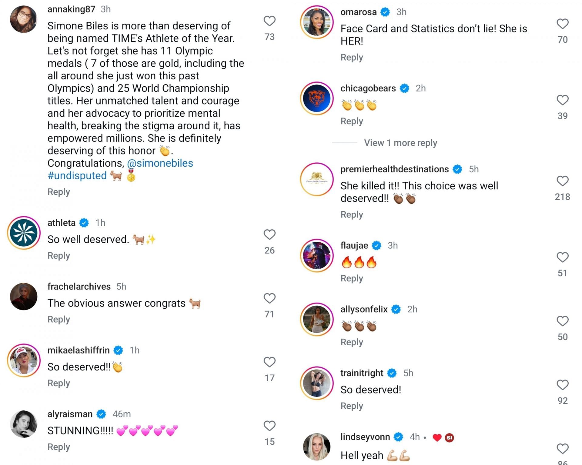 Screenshot of comments by athletes on Simone Biles&rsquo; earning major honor. Credits - IG/sportsillustrated