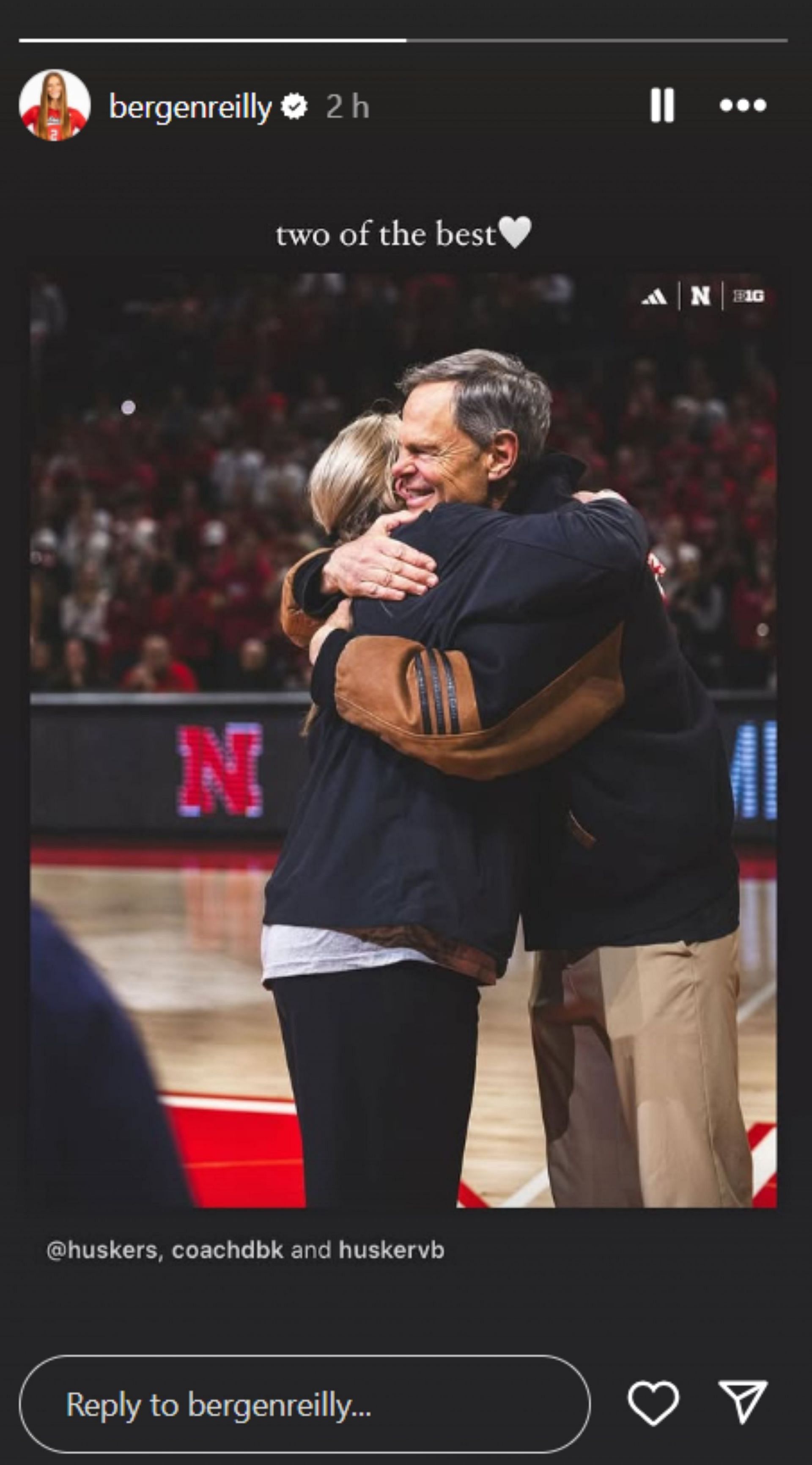 Bergen Reilly in awe of John Cook and Dani Busboom Kelly hugging each other; Instagram - @bergenreilly