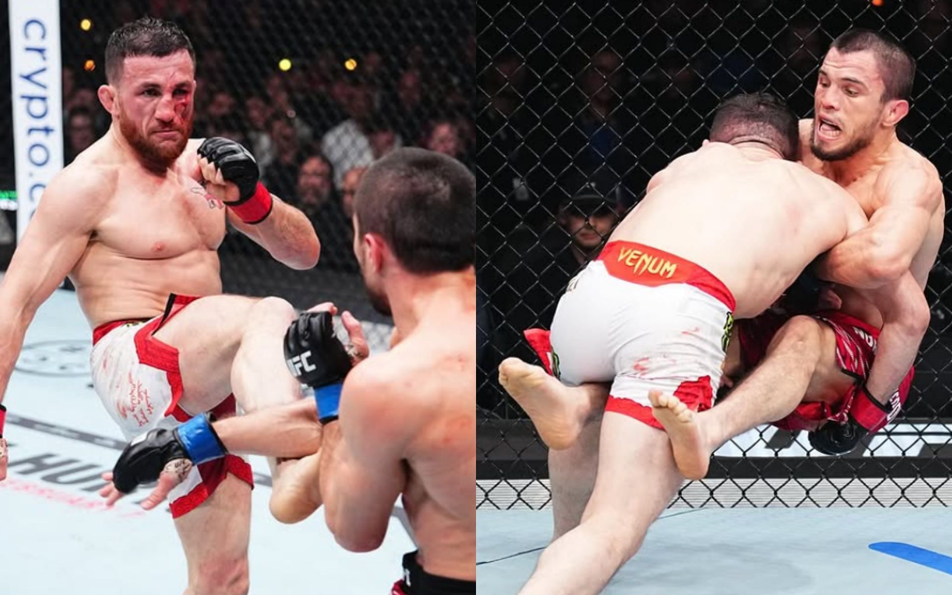 Merab Dvalishvili (white trunks) defeated Umar Nurmagomedov (red trunks) at UFC 311. [Images courtesy: @ufc on Instagram]