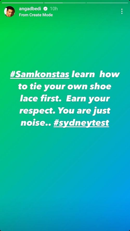 Screenshot of Angad Bedi's Instagram story lashing out at Sam Konstas (Image via - Angad Bedi/IG)