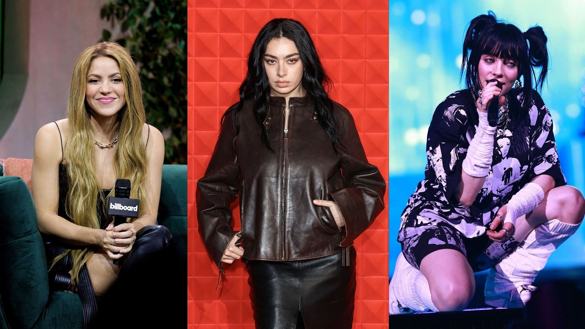 L to R: Shakira, CharlI XCX and Billie Eilish (All images sourced from Getty)