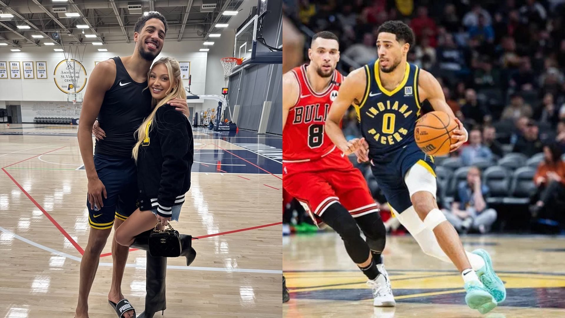 Tyrese Haliburton poses for a photo with his girlfriend Jade Jones, Indiana Pacers guard Tyrese Haliburton drives during a game against the Chicago Bulls. Photo Credits: Jade Jones