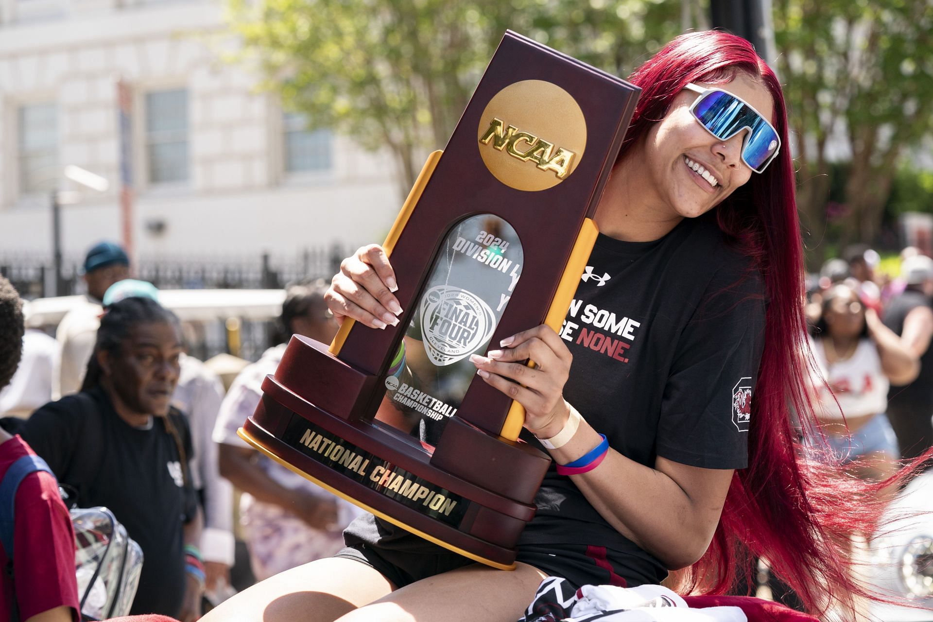 South Carolina center Kamilla Cardoso holds the NCAA Women&#039;s Basketball Championship trophy before a parade and celebration on April 14, 2024 in Columbia, South Carolina. Photo: Getty