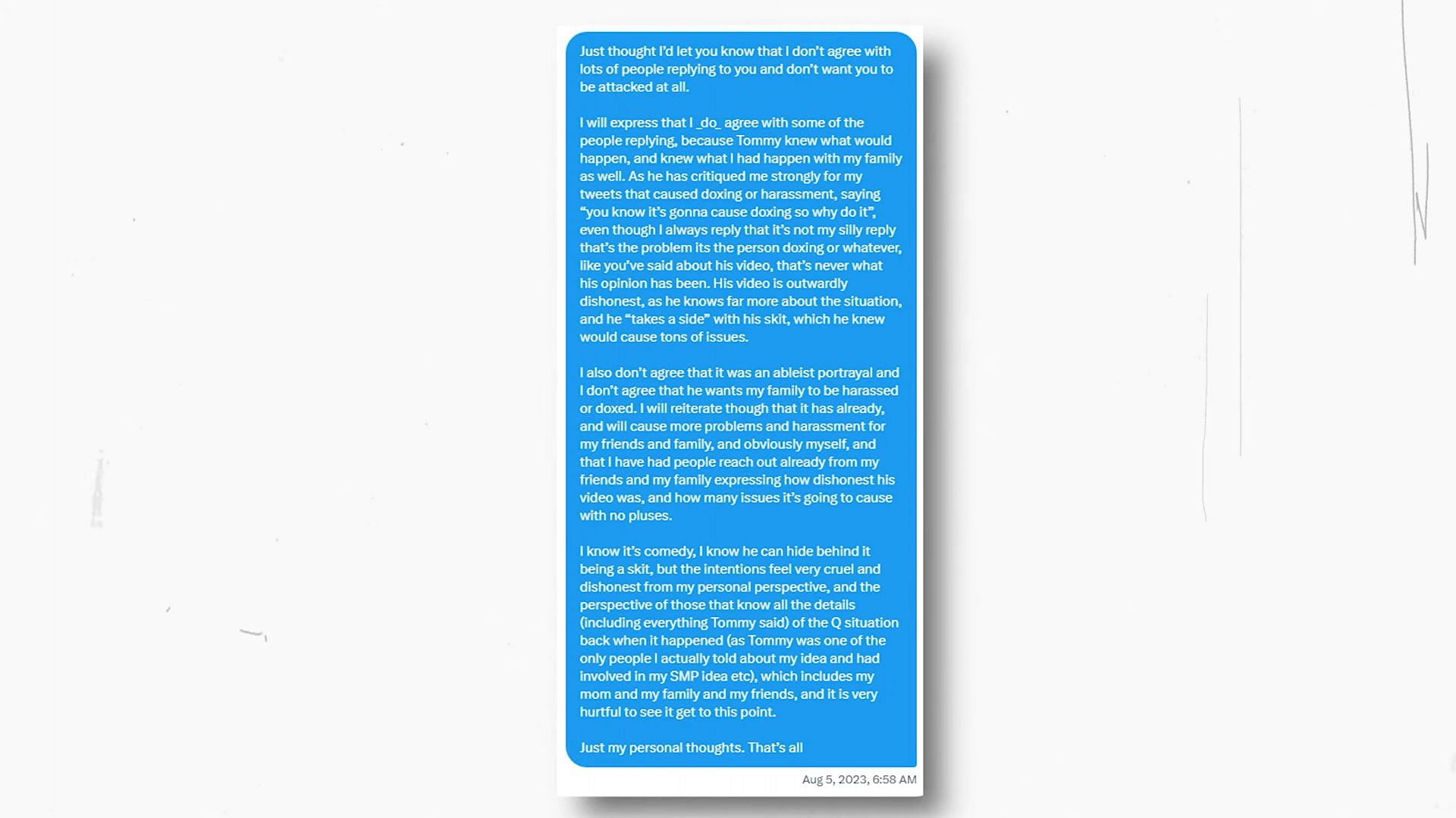 The text message that the Minecraft streamer revealed in his YouTube video (Image via youtube.com/@dream)