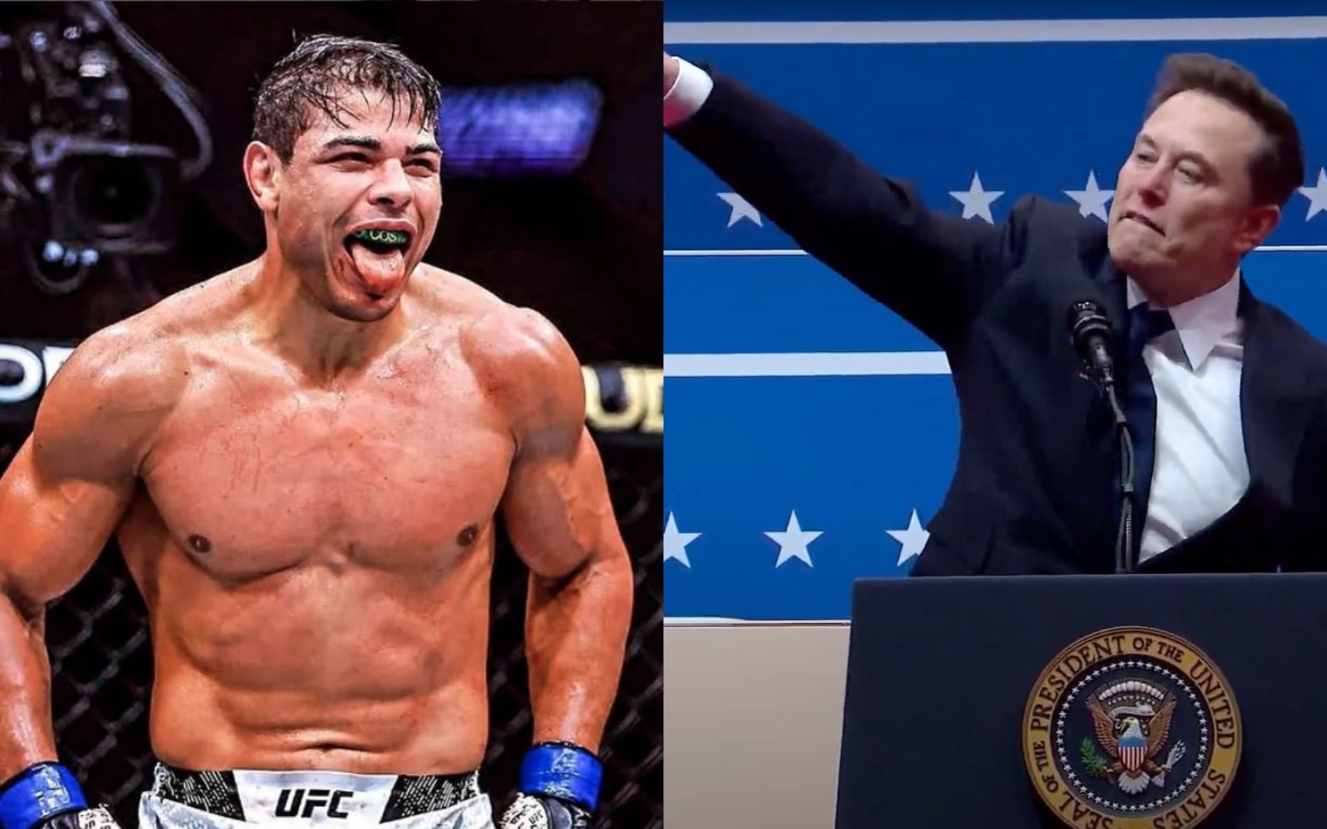 Paulo Costa (left) reacts to the strange salute of Elon Musk (right) at the 2025 US presidential inauguration ceremony. [Image credit: @borrachinhamma on Instagram, The Australian on YouTube]