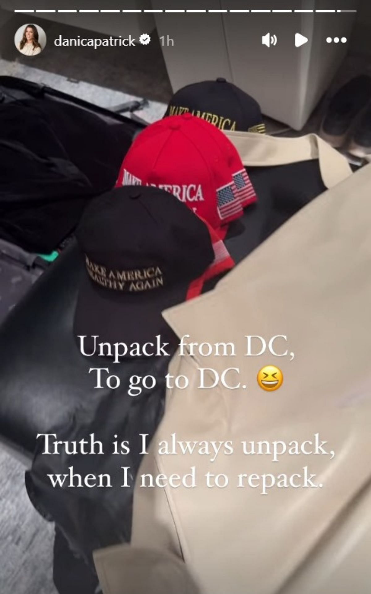 Screengrab of Danica Patrick revealing her packing rituals as she prepares for another trip to Washington, DC (@danicapatrick/Instagram)