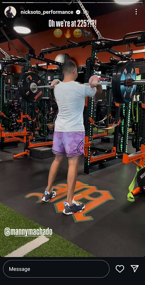 Manny Machado shows progress in the gym, and trainer Nick Soto reacts. Source - Instagram/@nicksoto_performance