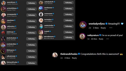 Screenshots of stars' likes and comments [Image credits: Beth Phoenix's Instagram handle]