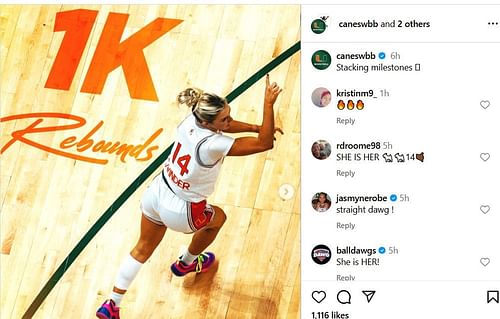 Jasmine Roberts drops a comment on Haley Cavinder's latest Miami milestone. IG image via @caneswbb