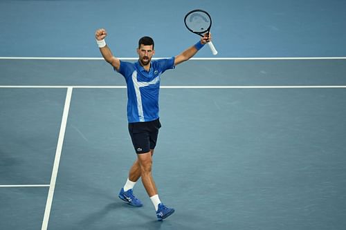 Novak Djokovic celebrates beating Carlos Alcaraz at the 2025 Australian Open. Source: Getty