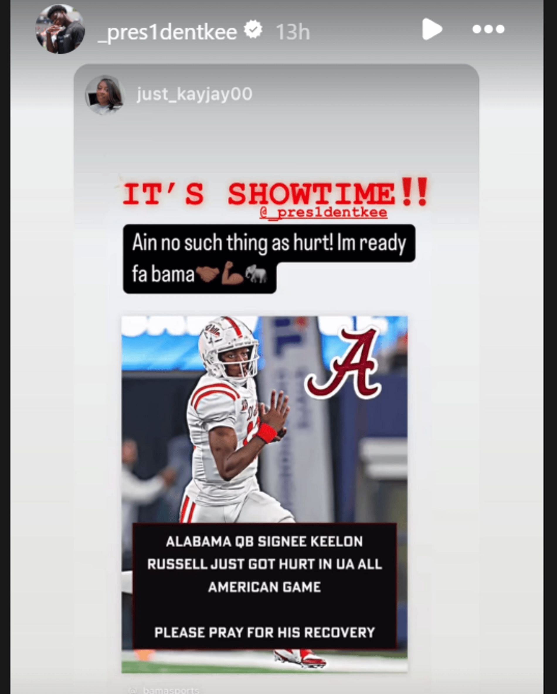 Five-star quarterback Keelon Russell brushes off injury scare (Source: Instagram/_pres1dentkee)