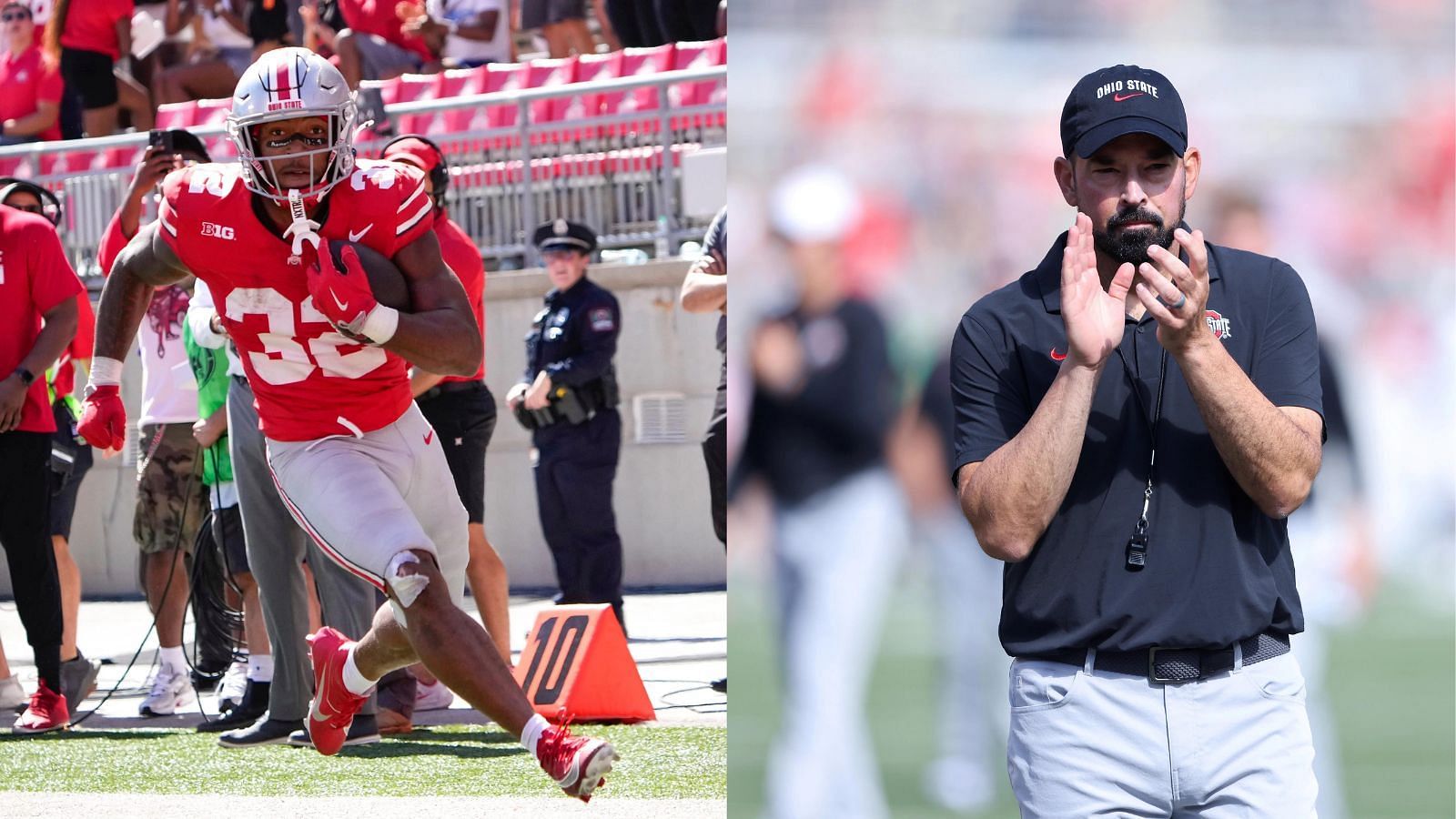 Running back Treveyon Henderson and Ohio State coach Ryan Day seek a CFP title win over Notre Dame. (Photo Credits: IMAGN)