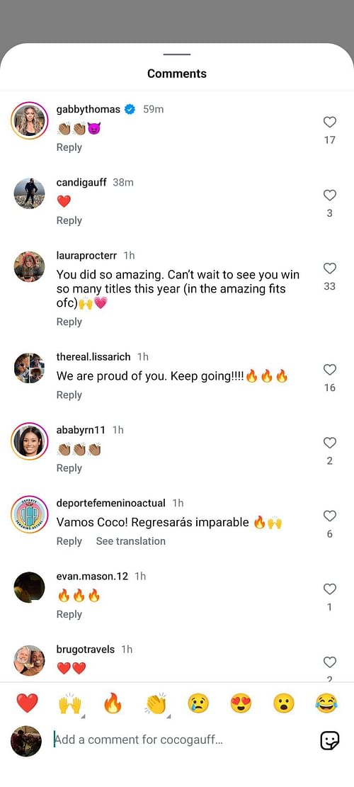 Gabby Thomas and Candi Gauff reacts to Coco Gauff's message, (Source: https://www.instagram.com/p/DFJy9jSA2EZ/?img_index=1)