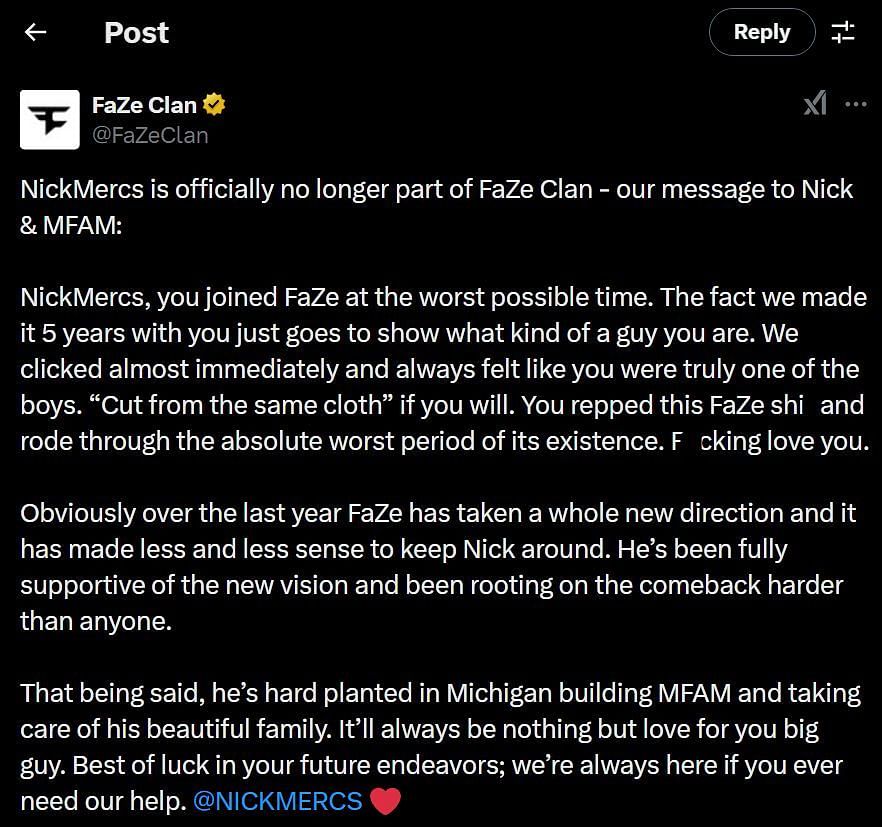 Official statement about Nick&#039;s departure (Image via @FaZeClan/X)