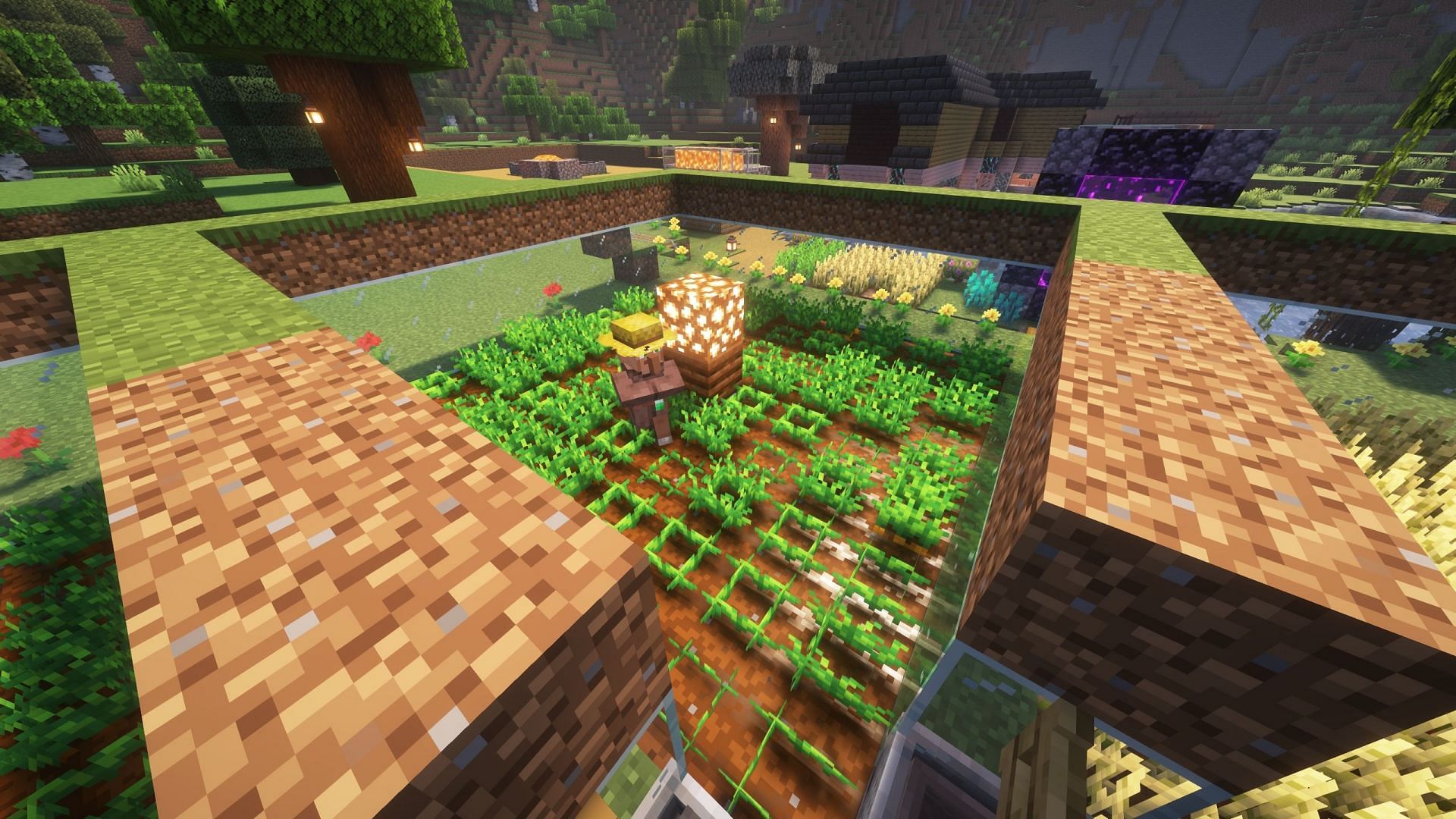 A section of the farm where a farmer is planting carrots (Image via Mojang Studios)