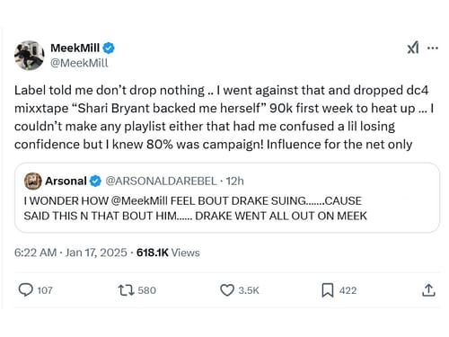 Meek Mill comments on Drake-Lamar's beef impacting him (Image via X/@MeekMill)