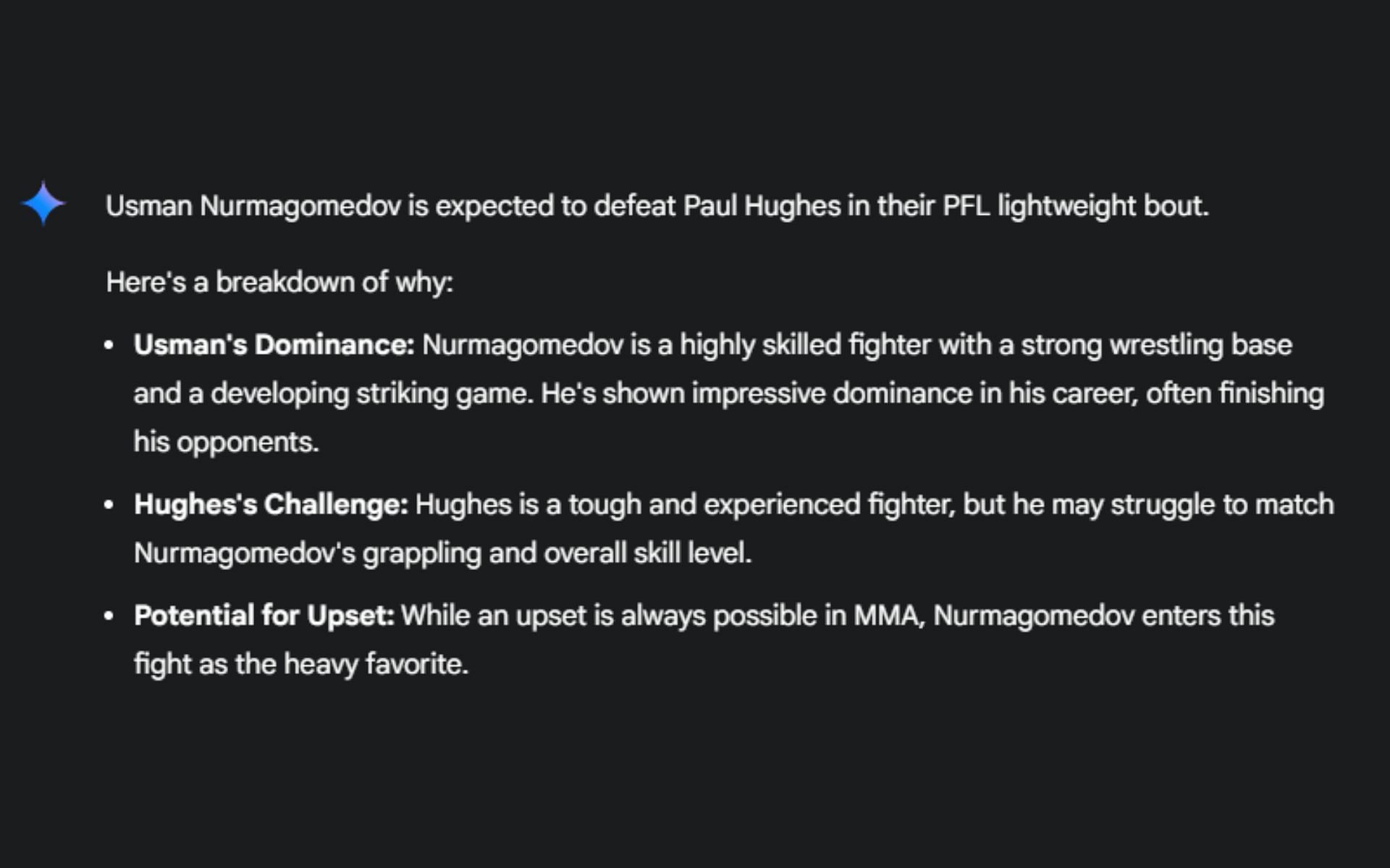 Screenshot of Google&#039;s AI prediction for Usman Nurmagomedov vs. Paul Hughes