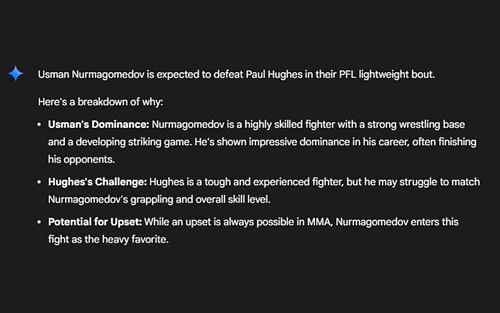 Screenshot of Google's AI prediction for Usman Nurmagomedov vs. Paul Hughes