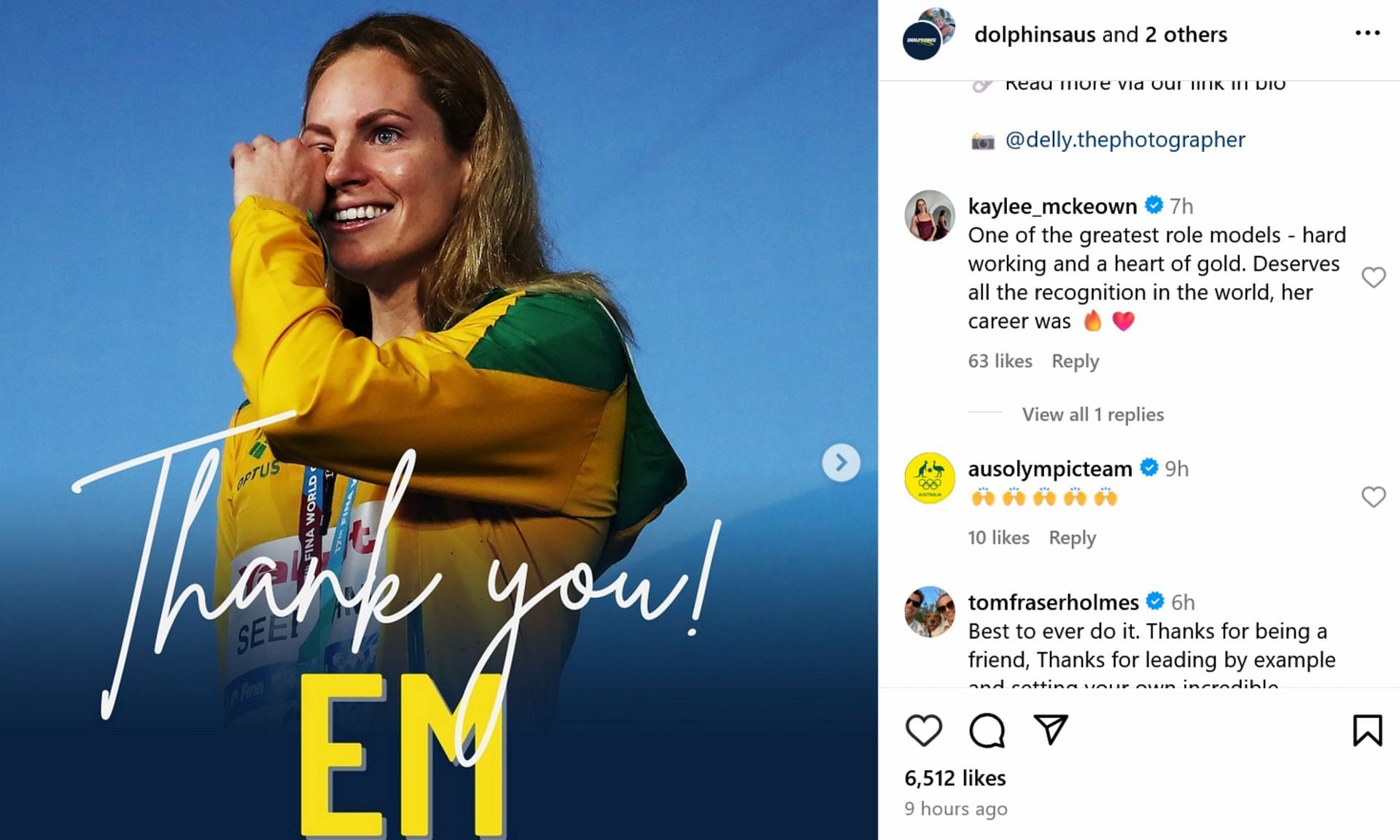 Screenshot of Kaylee McKeown&rsquo;s comment. Credits - IG/ @dolphinsaus