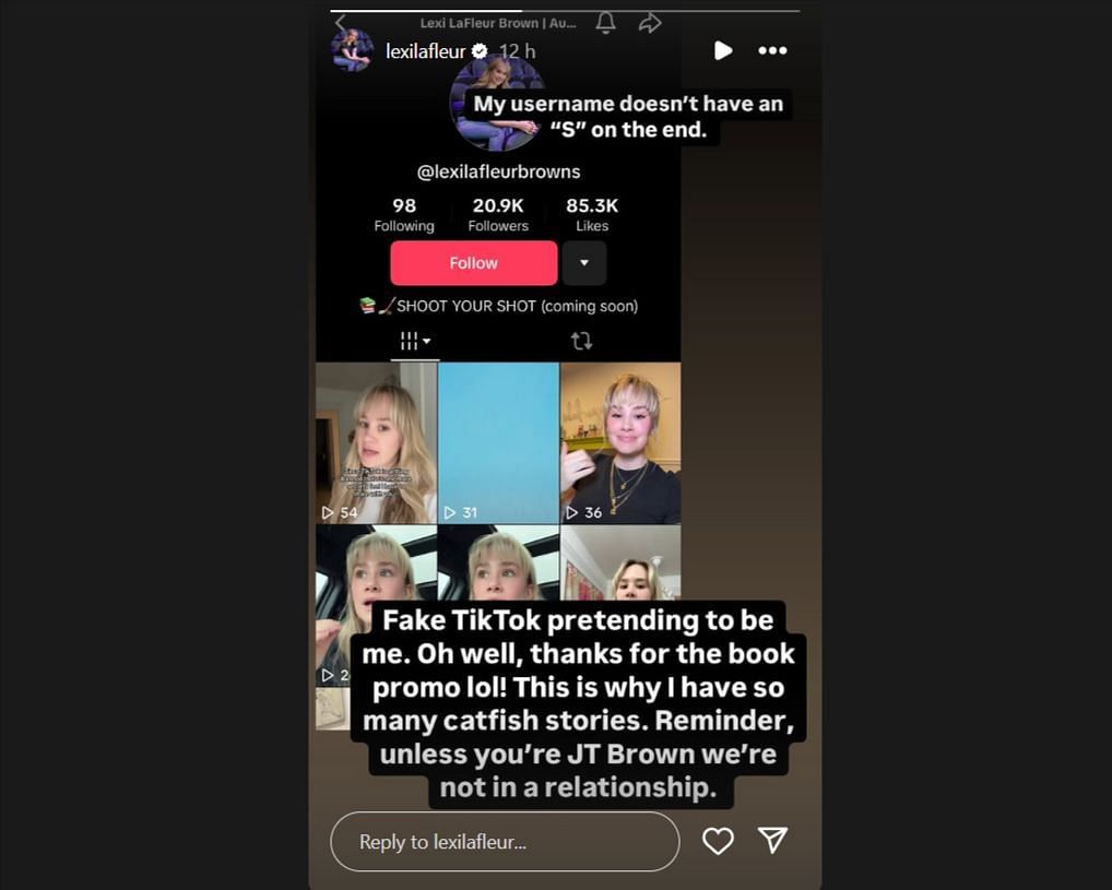 J.T. Brown&#039;s wife, Lexi LaFleur Brown, highlights a fake TikTok account using her name on her Instagram story. (Credit: Instagram/@lexilafleur)