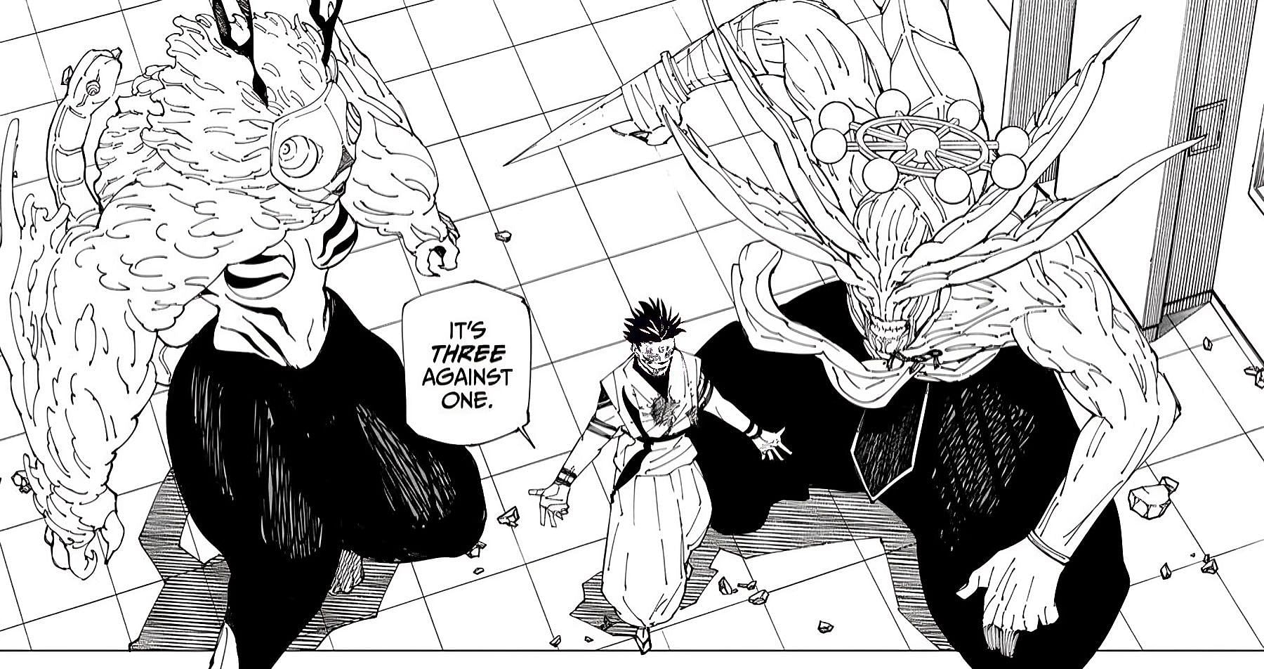 Sukuna&#039;s infamous &quot;Three against one&quot; comment when fighting Gojo in the manga (Image via Shueisha)