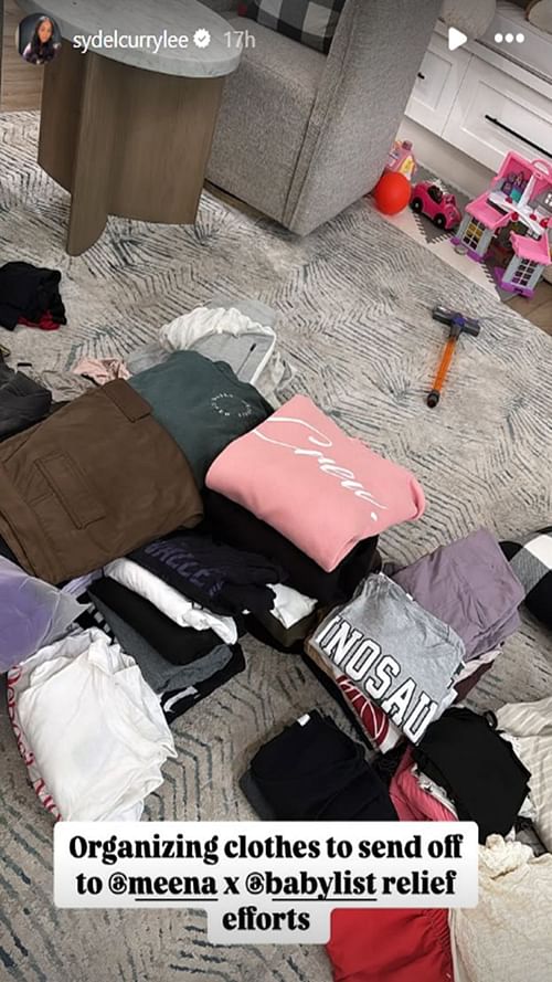 Sydel Curry-Lee prepares clothes to be donated to relief efforts in Los Angeles. Image source: IG.com/sydelcurrylee