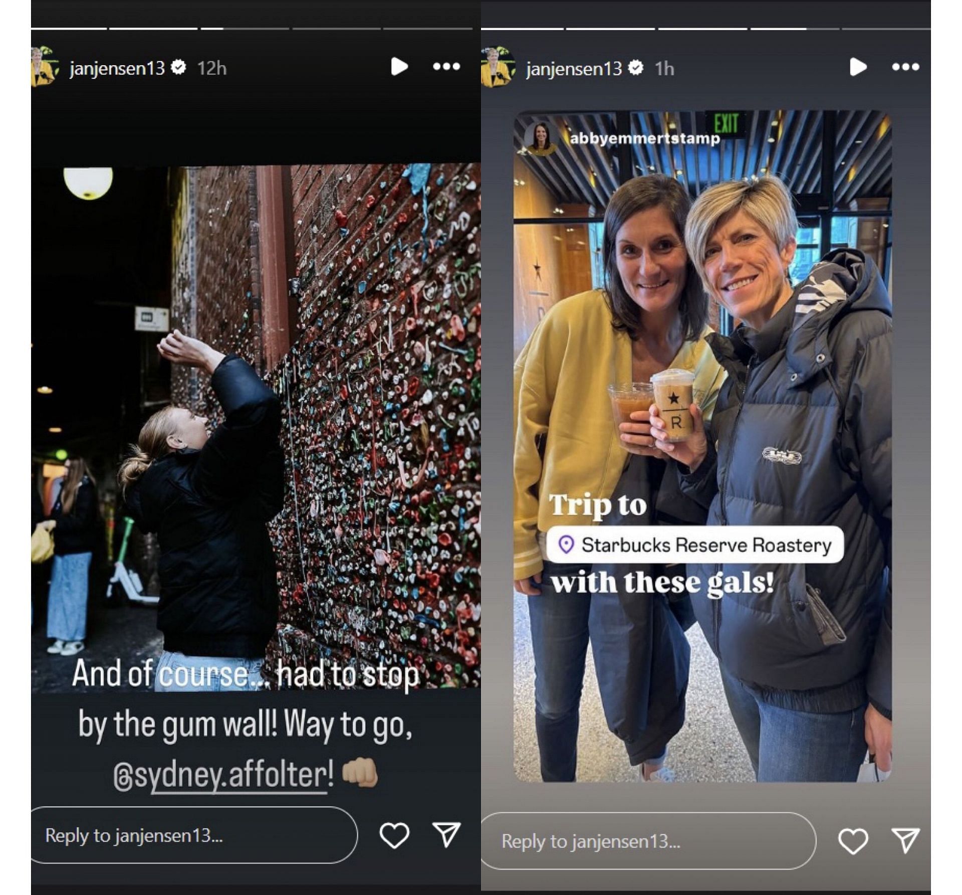 Jan Jensen shares photos of Iowa team exploring Seattle on IG story. Image via @janjensen13