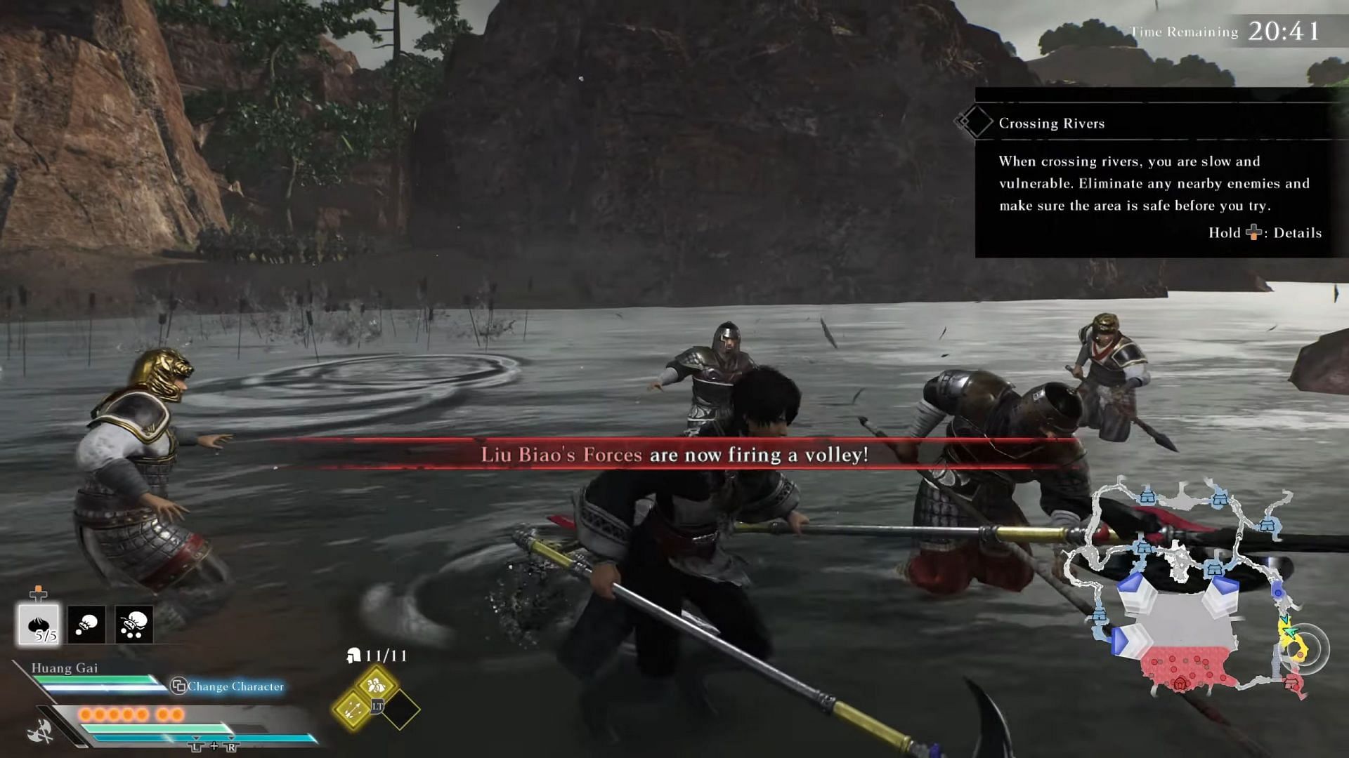 On the river crossing, charge through or take the path on the right side (Image via Koei Tecmo Games)