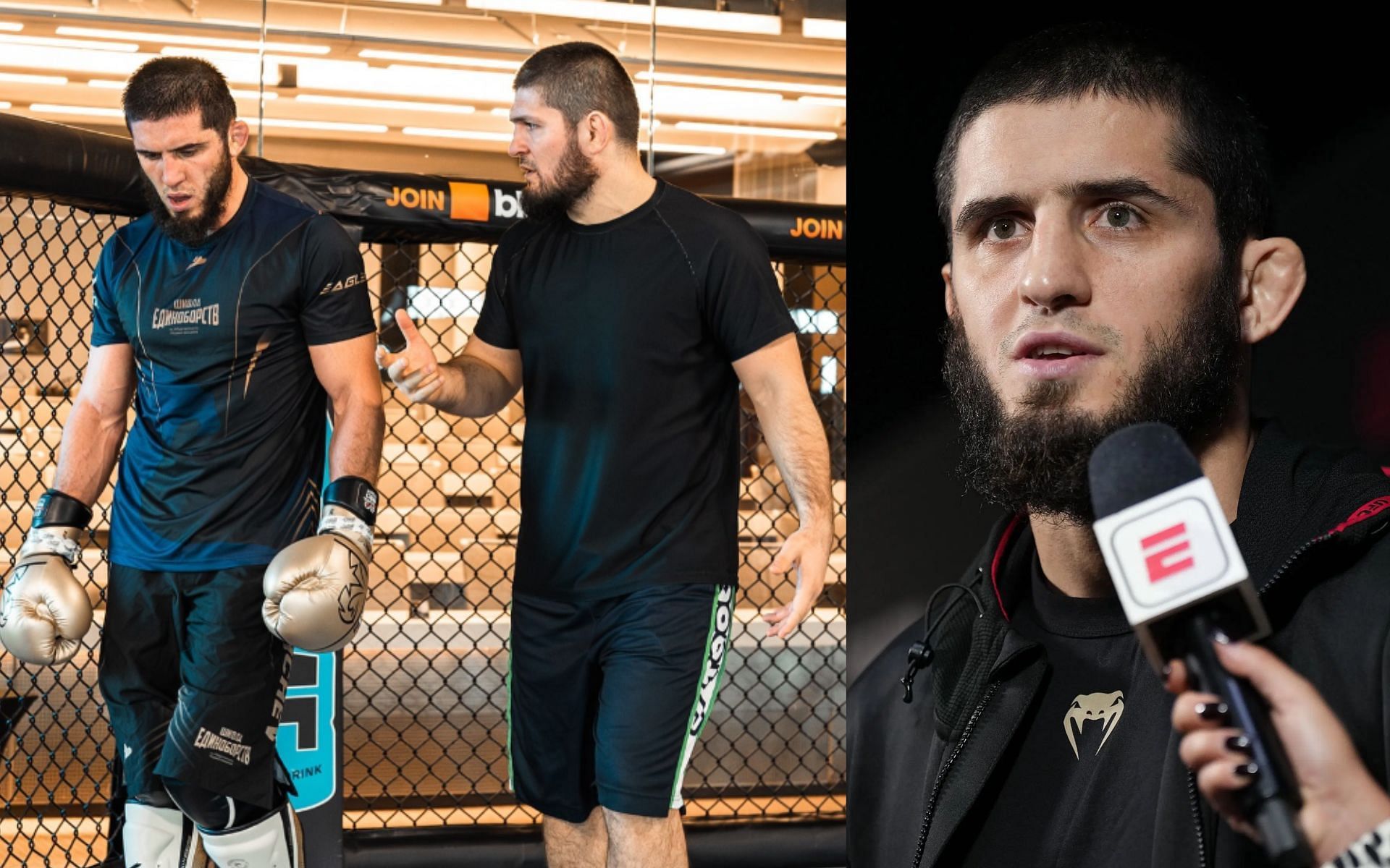 Islam Makhachev (right) opens up on the harsh reality of training under Khabib Nurmagomedov (middle left) [Images courtesy: Getty Images, @islam_makhachev on Instagram]